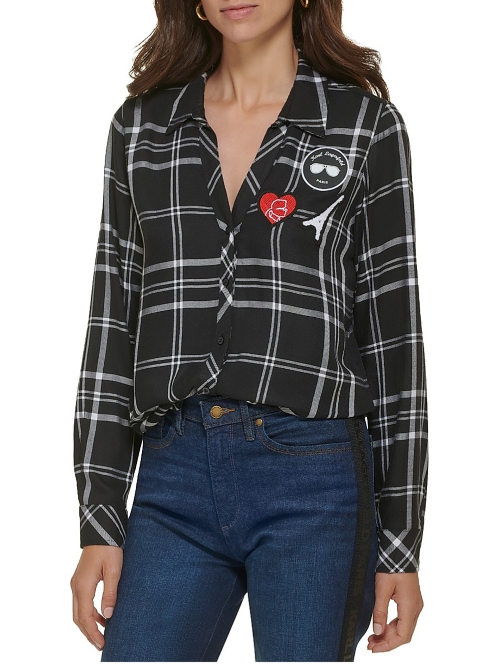 KARL LAGERFELD Womens Logo Patch Plaid Button Up Top Size Large Black White